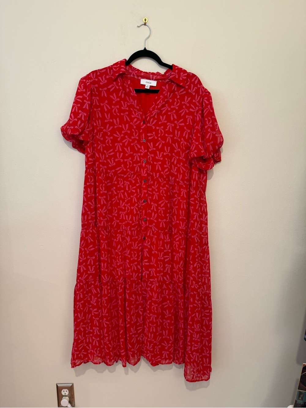 CeCe Red Button-Front Short Sleeve Midi Dress